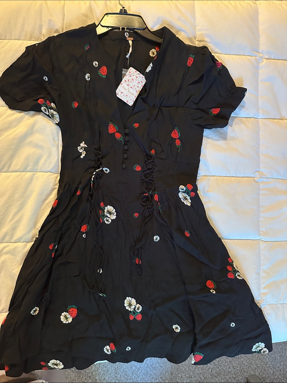 Free People Black Dress with Red Strawberry & White Floral Embroidery